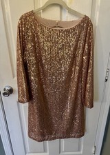 LOFT Gold Sequin Shift Dress 3/4 Sleeve Boat Neck Size 6 30750135