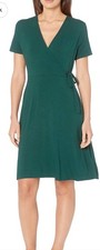 NWT Amazon Essential Women's Green Vneck Faux Wrap Dress Stretchy With Pockets S