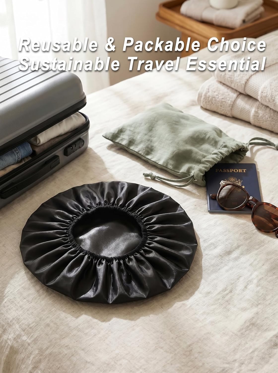 Extra Large Waterproof Satin Shower Cap for Long Hair & Braids - Luxe Black