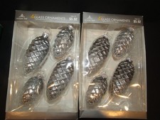 HOLIDAY TIME 2 Sets of 4 Silver  Sparkle PINE CONE Hanging Ornaments