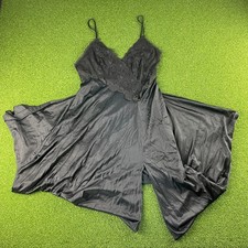 Vintage Black Lace Trim V Neck Whimsical Front Slit Maxi Slip Dress Sz S