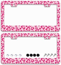 2 Pcs Pink Leopard Print License Plate Frames - 2 Holes Stainless Steel Metal...