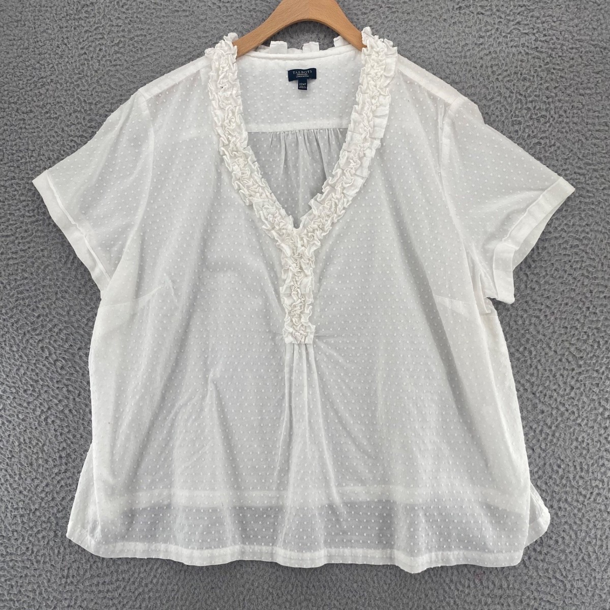 Talbots Top Womens 22W Petites White Swiss Dots Embroidery Ruffle