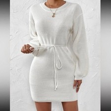 NWOT Shein Cream Ribbed Knit Sweater Dress Tie Waist Long Sleeve Small