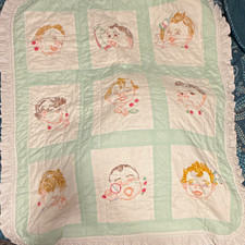 Baby Crib Quilt White/Green Patchwork Embroidered Baby Faces Ruffled