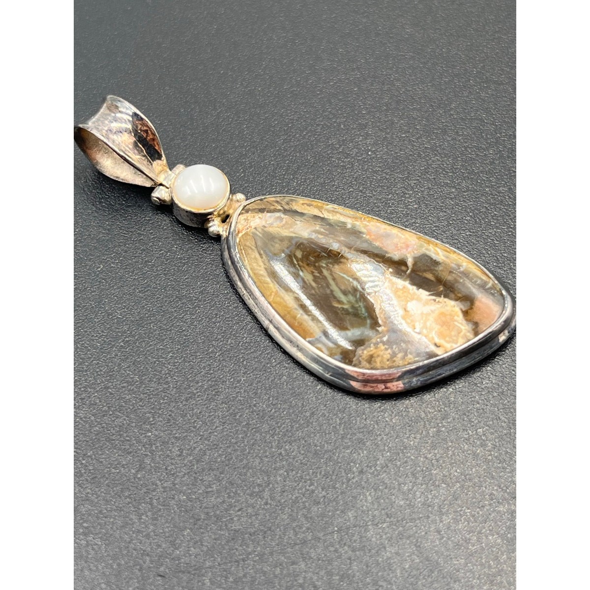 White Pearl Petrified Fossil Wood Agate Sterling Silver Peace Stone Pendant View 4