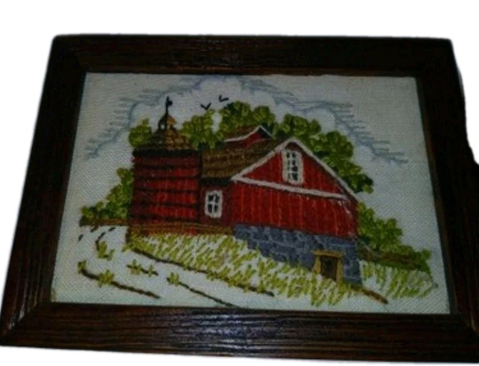 Set Of 4 Framed Needlepoint Barn Landscape Embroidery Rustic Farmhouse Wall Art - Image 3 of 4