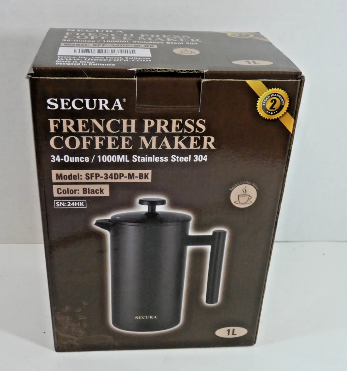 New SECURA 340P French Press Coffee Maker Black Stainless Steel 34 oz NIB
