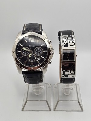 Guess Men Date Chronograph and Women Unique Analog Watch Duo Black Leather Band 