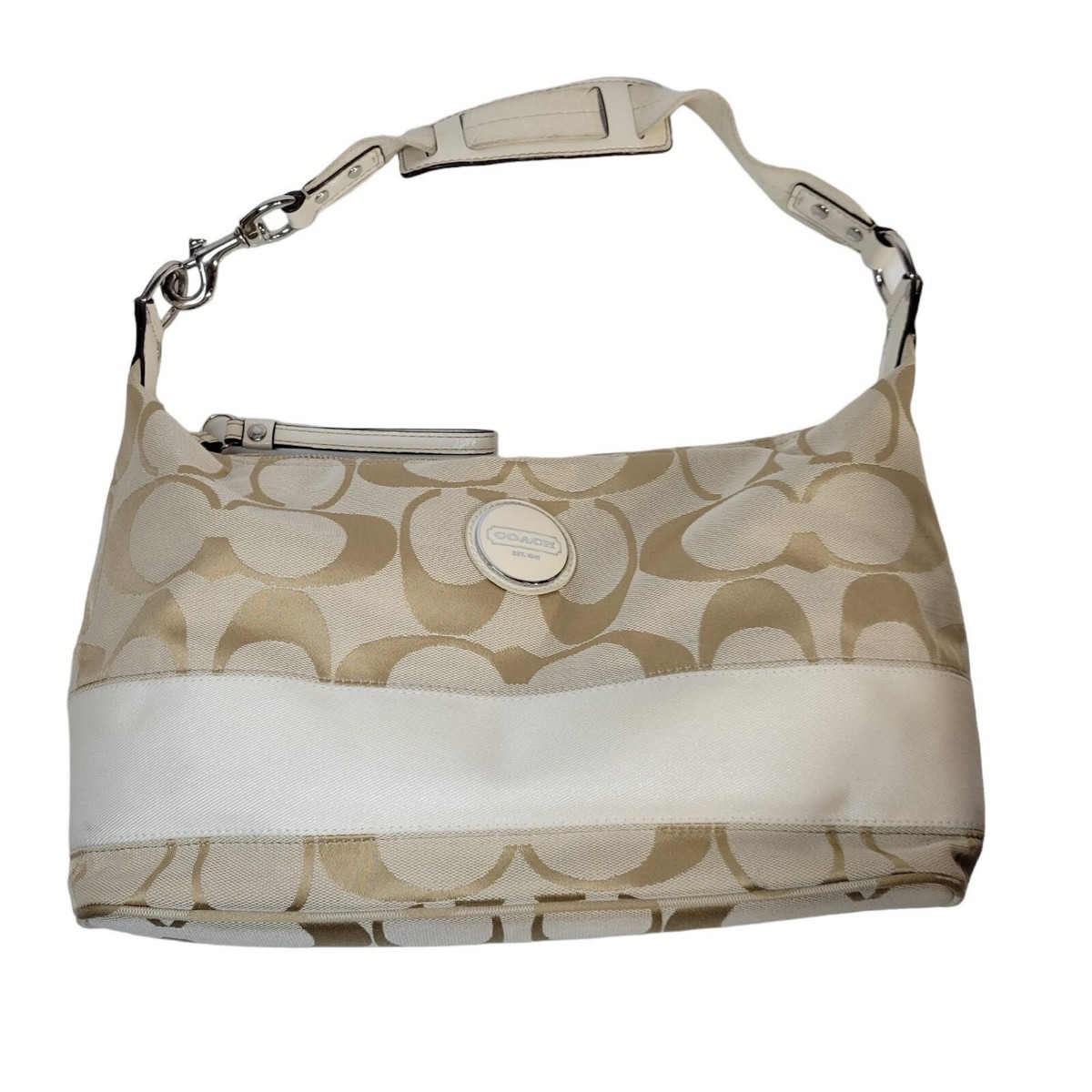 COACH Signature Creme Beige Stripe Bag Hobo Shoulder Handbag  