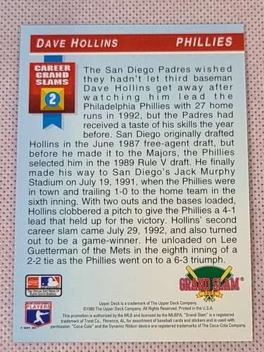 1993 Upper Deck Dave Hollins Grand Slam Hologram #18 Philadelphia Phillies - Picture 2 of 3