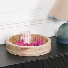 Round Mango Wooden 30cm Tray Serving Circle Wood Organizer Ottoman Parquet Inlay