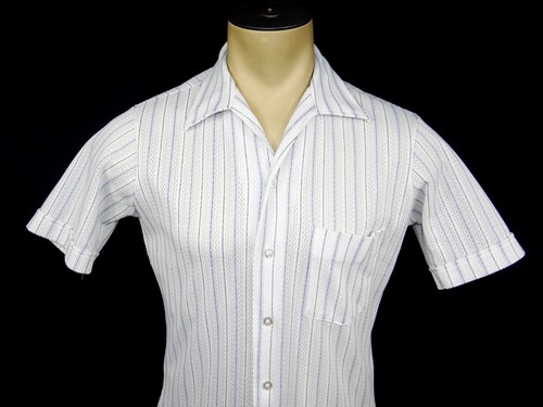 复古70 年代80 年代男式箭头白色蓝色条纹穿孔聚酯纤维s S 衬衫中号 Ebay