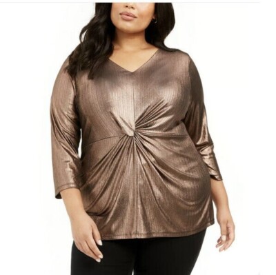 Alfani Womens Plus 2X Gold Metallic 3/4 Sleeve Twist Blouse Top NWT CZ38