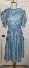 Vtg 80s California Looks Floral Dress Teal Blue Pink Made in the USA Size 8 P