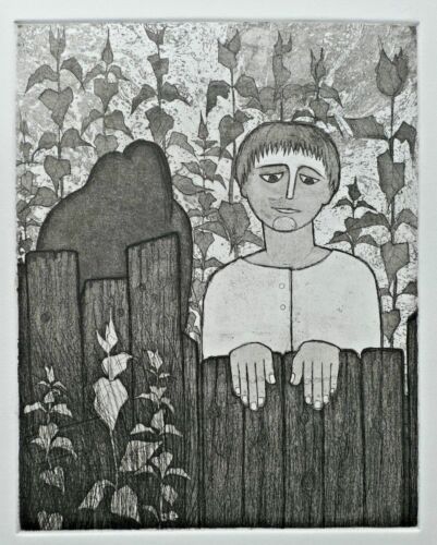 20th C Proof Aquatint / Etching. Folk Art. Figure Looking Over Fence. Unsigned - Picture 1 of 1