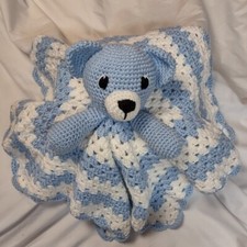 Bear Lovey Handmade Crochet Baby Childs Toy Blue White Unisex Crib Buddy Plushie