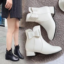 Sweet Women's Ankle Boots Bowknot Rhinestone Low Block Heels Side zip Shoes