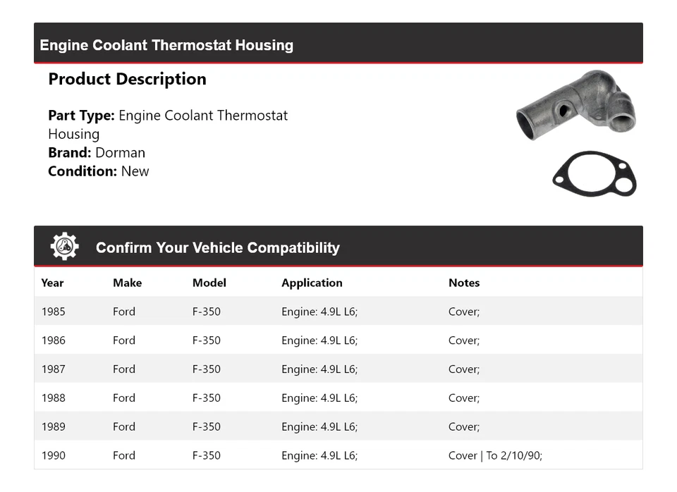 Carcasa termostato refrigerante motor Dorman 4,9 L L6 1985-1990 Ford F-350 1986 Foto 2 de 4