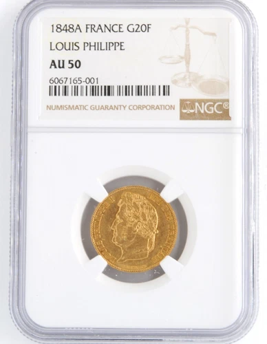France 1848-A 20 Francs Louis Philippe .900 Fine Gold Coin NGC AU50 KM# 750.1