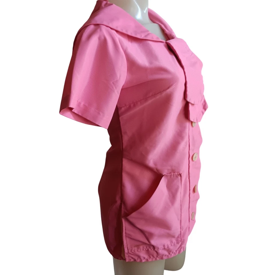 Women's Small Vintage Beautician Blouse Pink 1960's Acetate Mod Stewardess Tunic - Image 3 of 4