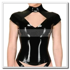 Latex Women's T-shirt Sleeves Diamond Cutting Open Tops Back Zip Customize G55