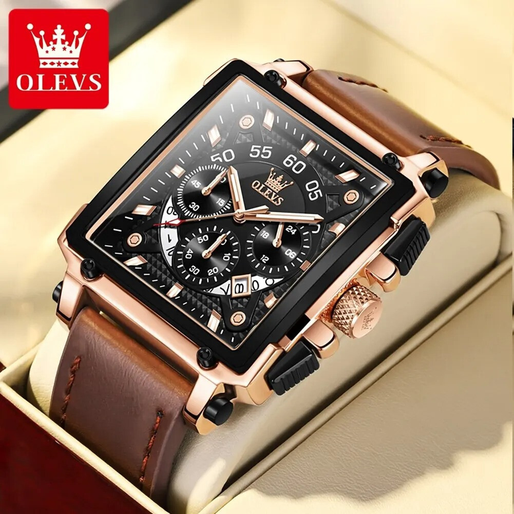 Montre à quartz carrée étanche homme montre bracelet cuir pu marron style classique