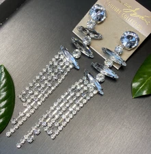 Kenneth Jay Lane KJL Earrings Crystal Dangle Fringe Designer Jewelry Signed 5"