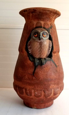 Mexican Folk Art Solis Ollin Pottery Floor Vase 3D Painted OWL Hand Singed 21'' H