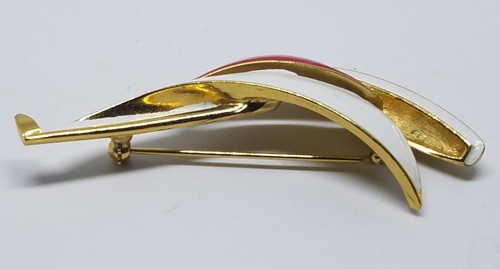 Spilla barca a vela smaltata Trifari corona firmata vintage metallo tono oro rosso/bianco - Foto 4 di 12