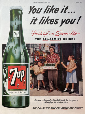 1952 Seven Up Soda All Family Drink Bottle Case Guests Fresh Vintage Print Ad