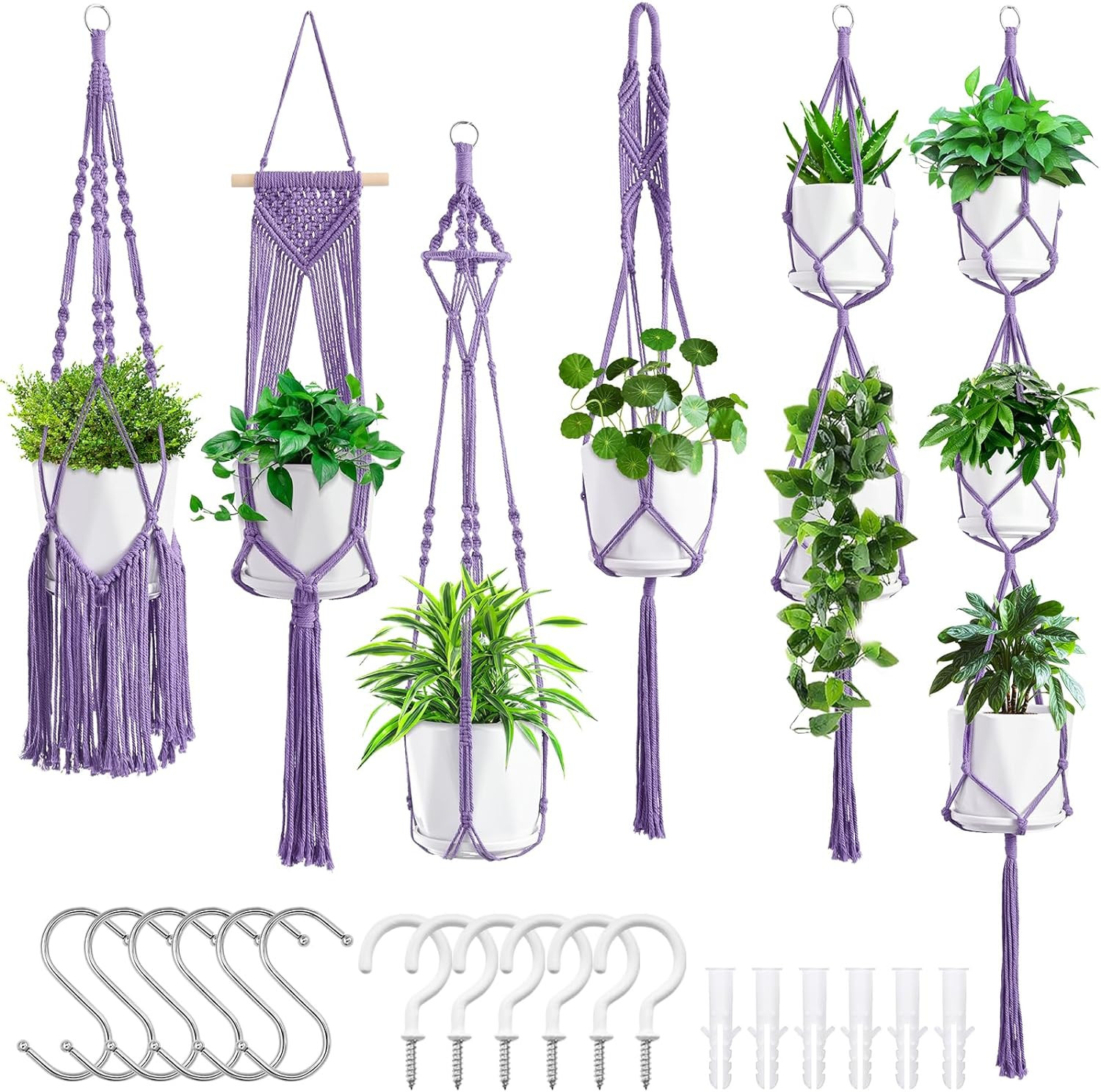 Macrame Plant Hangers, 6Pack Hanging Planters for Indoor Plants W/ 6 Set Hangers