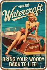 Vintage Tin Metal Sign Pinup Girl on Classic Boat Watercraft Retro 8x12 