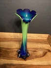Vtg Art Glass Jack In The Pulpit Vase 11” Blue Green Hand Blown Murano Style