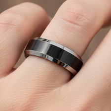 6mm Men  s Tungsten Wedding Band with Black Core  Steel-Tone Beveled Edges