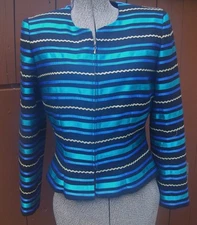 Vintage Maggy London Crop Elegant Blue Black Gold Tape Trim Jacket Blazer