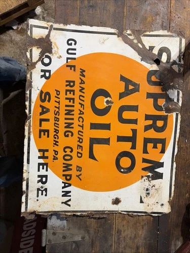 Vintage Original Porcelain Gulf Supreme Auto Oil Gas Company Sign Double Sided