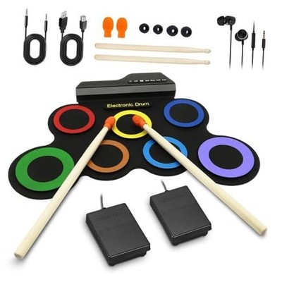  Portable Electronic Drum Set - Roll up Drum Practice Pad with Pedals & 7 Pads