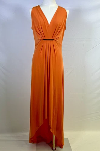 Abito da festa vintage Michael Kors senza maniche plissettato alto basso arancione. Taglia S