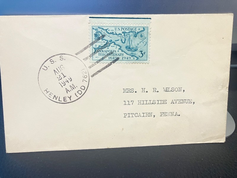 1949 ship cancel  of USS Henley DD 762, a destroyer on cover to Pennsylvania.