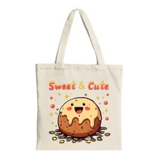 Cute Cartoon Dessert Canvas Tote Bag - Smiling Cake Design with Heart 