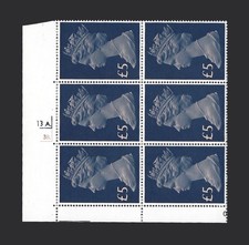 1977 SG 1028 £5 Machin Large Format 13A 3B Dot Cylinder block of 6 MNH