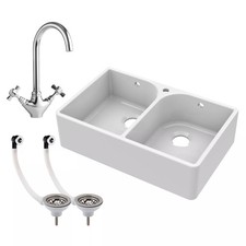 Traditional Fireclay Double Bowl Belfast Sink with Tap Hole & Full Weir, Basket