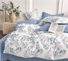 Pastel Blue Floral Cotton Queen Size 3PC Duvet Cover Set Aleissel Bedding Set