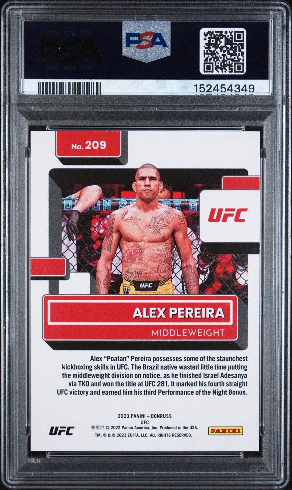 2023 Panini Donruss UFC - RATED ROOKIE #209 ALEX PEREIRA RC PSA 10 GEM “POATAN” view 2