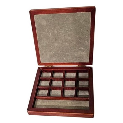 Small Square Wooden Jewelry Trinket Box 13 Compartments Brown Grey Felt Lining