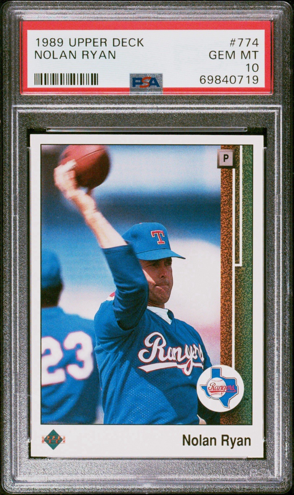 1989 UPPER DECK #774 NOLAN RYAN RANGERS HOF W/ FOOTBALL PSA 10
