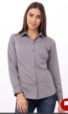 NWT Chef Works Modern Chambray Dress Shirt Womens Small Gray Buttons Long Sleeve