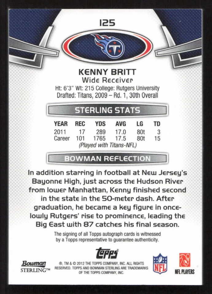 2012 Bowman Sterling Kenny Britt Auto Autographs #125 Card - Image 2 of 2