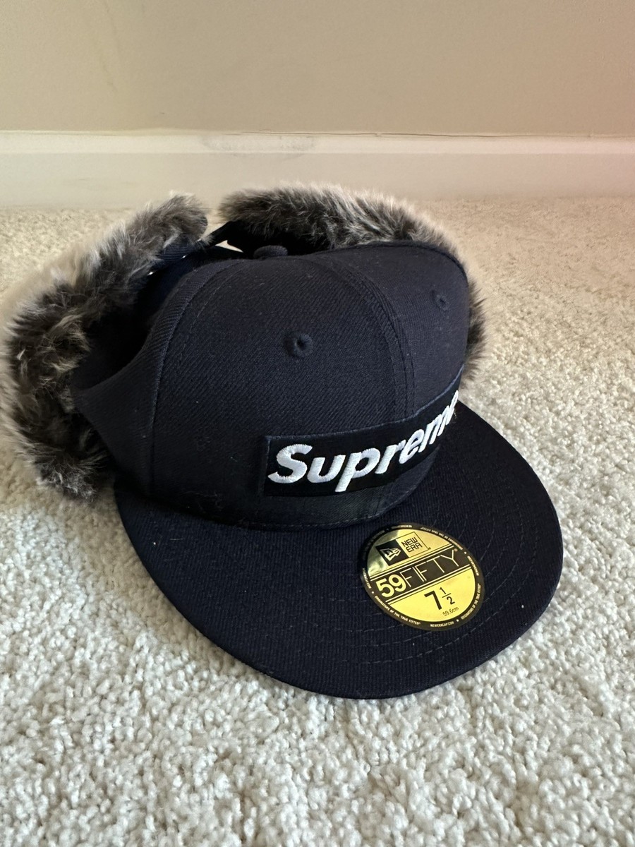 SUPREME x NEW ERA Ear Flap Faux FUR TRAPPER Hat navy blue size 7.5